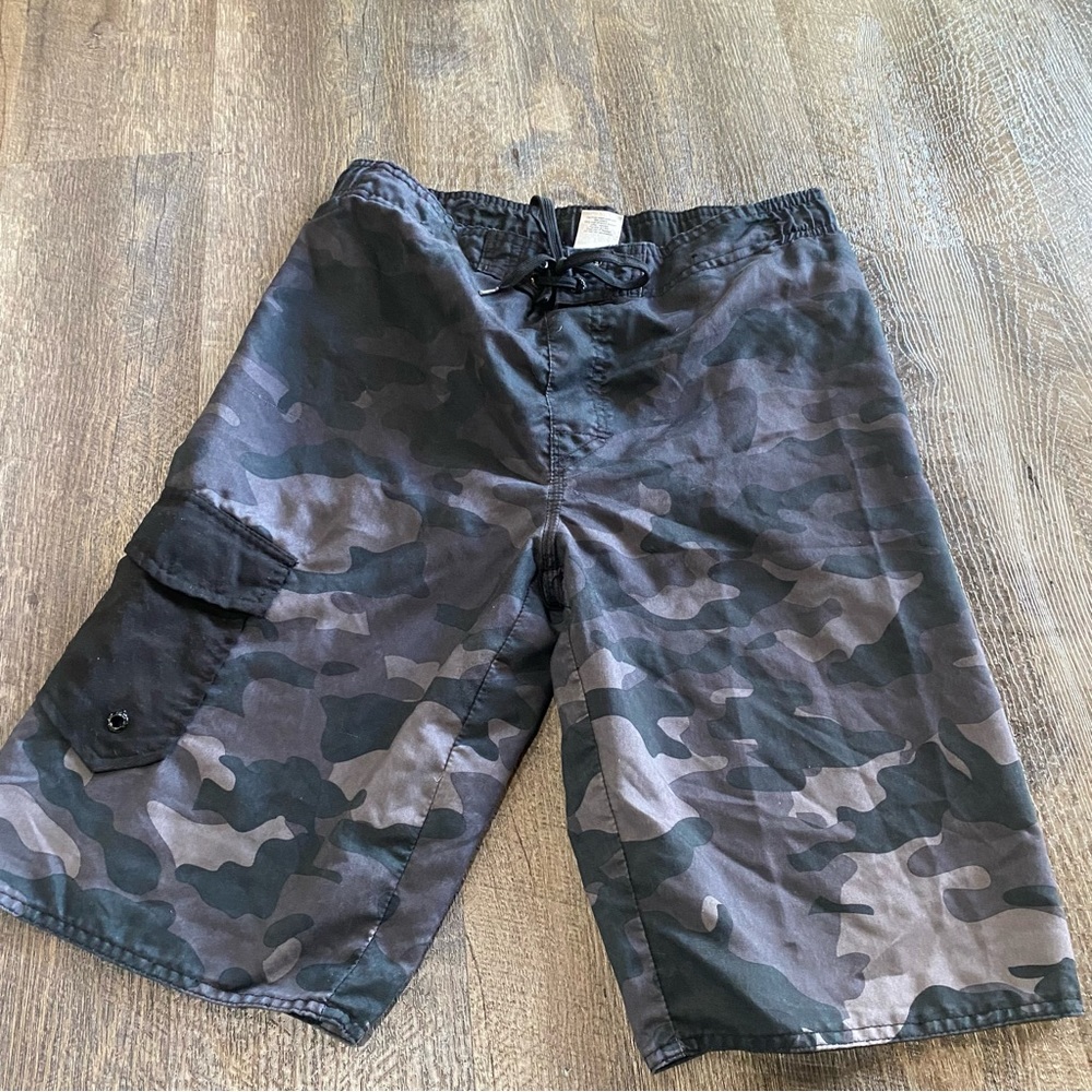 Hang Ten Black Gray Camo Print Swim Shorts